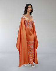 Embroidered Satin Gown with Flowing Cape – SOLIRA