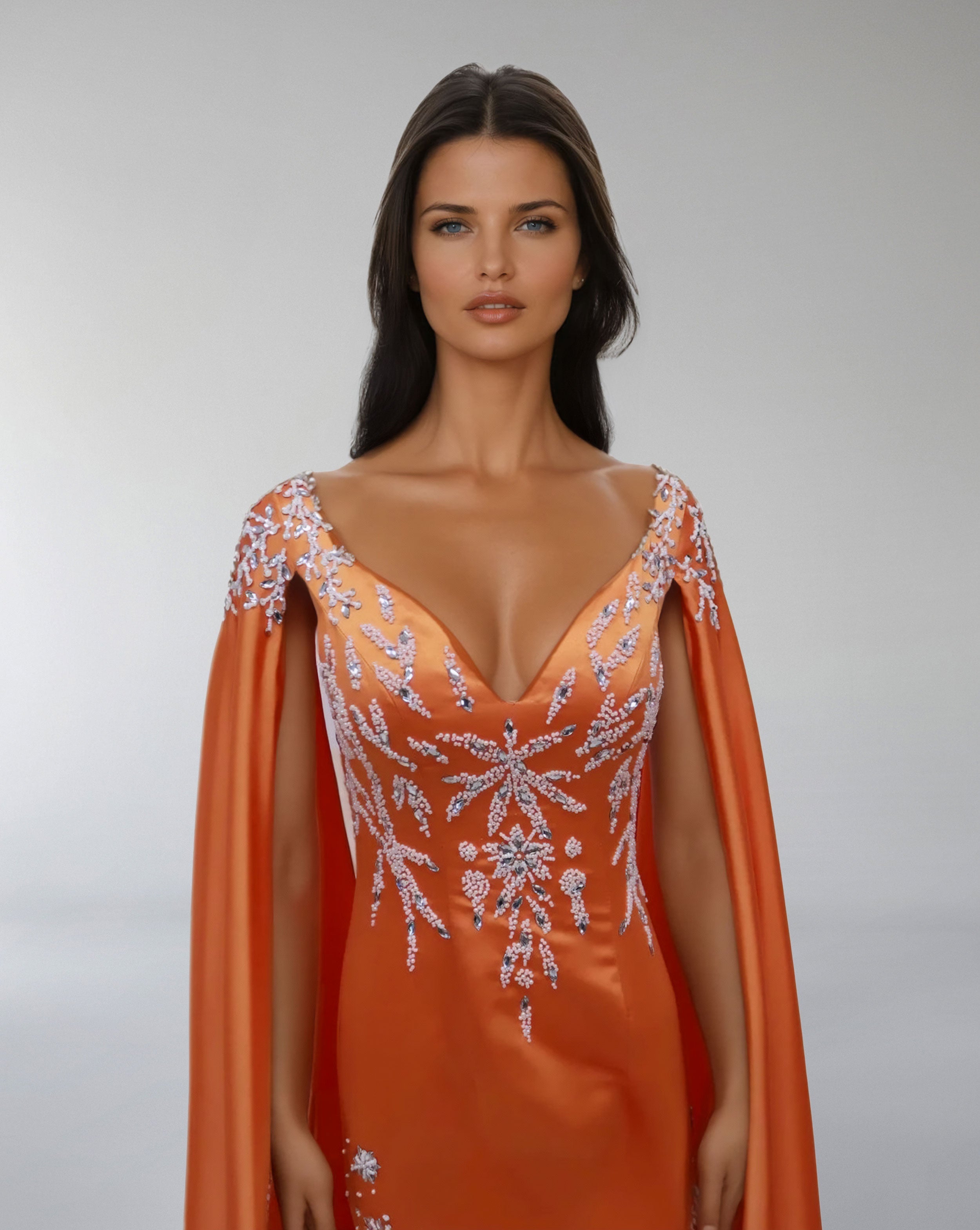 Embroidered Satin Gown with Flowing Cape – SOLIRA