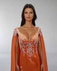 Embroidered Satin Gown with Flowing Cape – SOLIRA