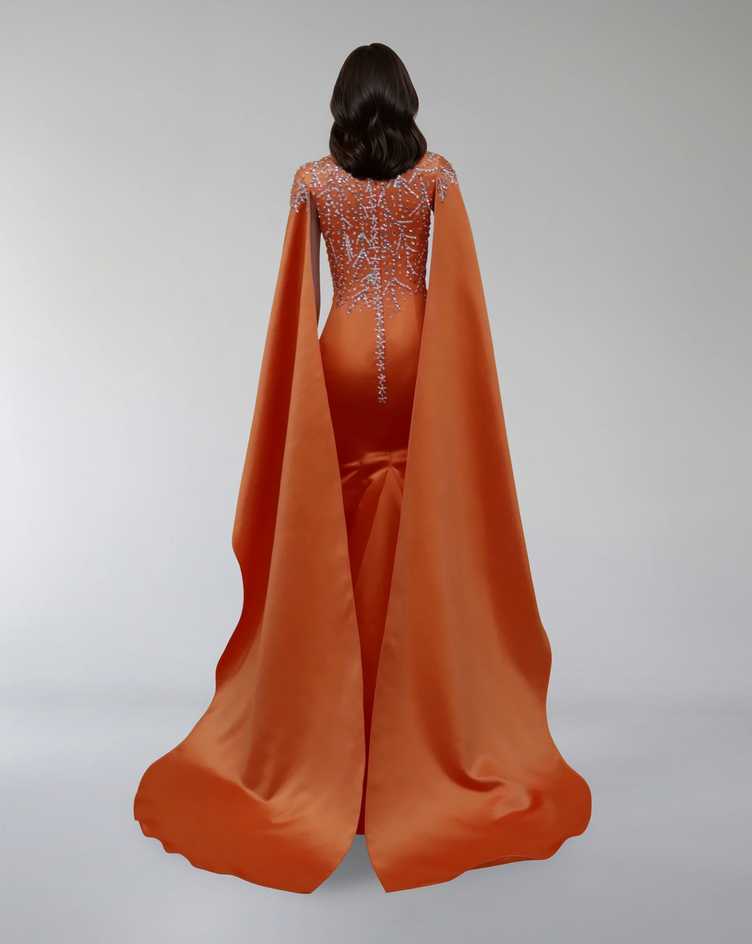 Embroidered Satin Gown with Flowing Cape – SOLIRA