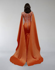 Embroidered Satin Gown with Flowing Cape – SOLIRA
