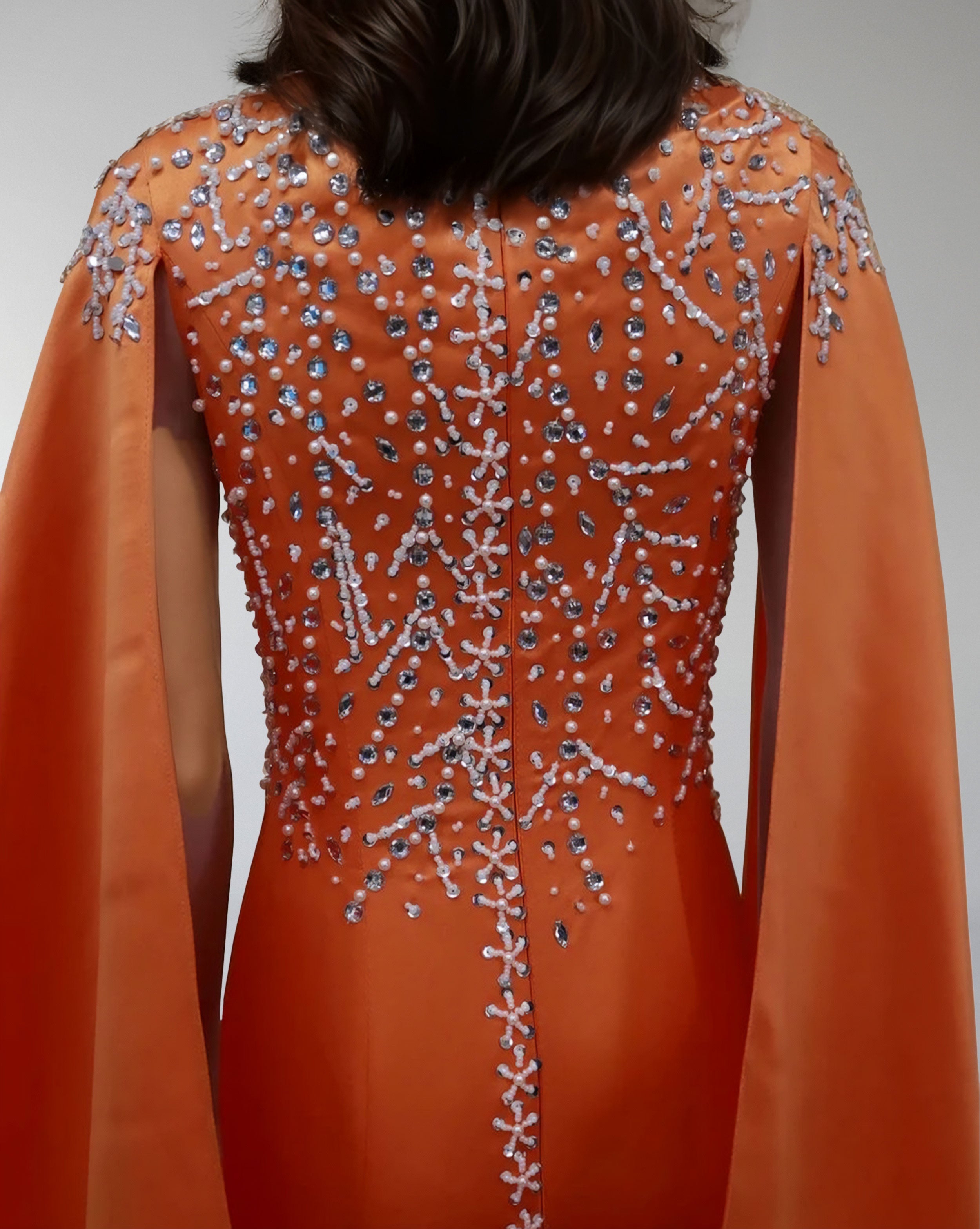 Embroidered Satin Gown with Flowing Cape – SOLIRA