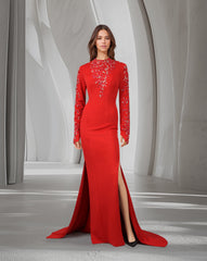 Beaded long-sleeve dress, with side slits and train-Pascoe