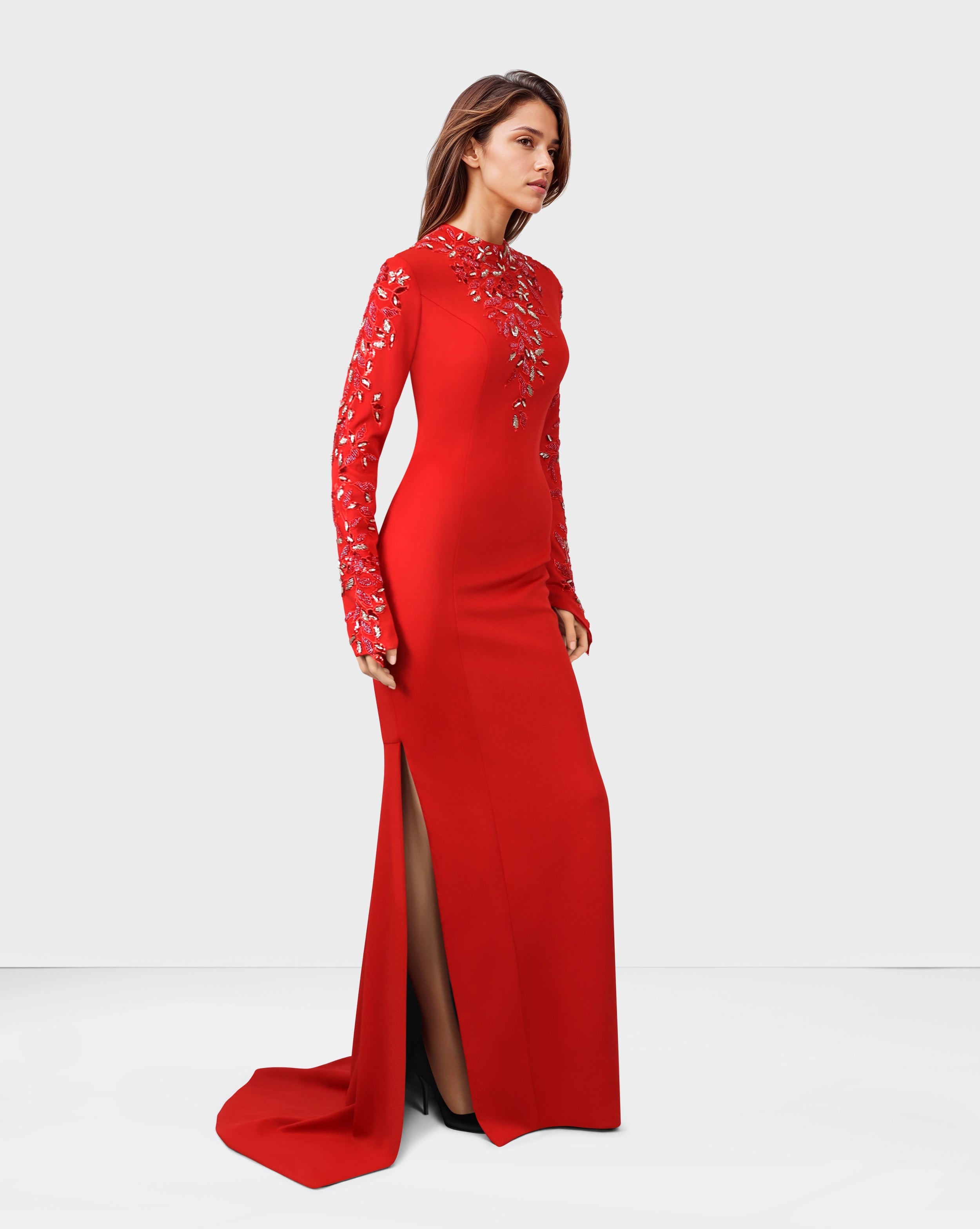 Beaded long-sleeve dress, with side slits and train-Pascoe