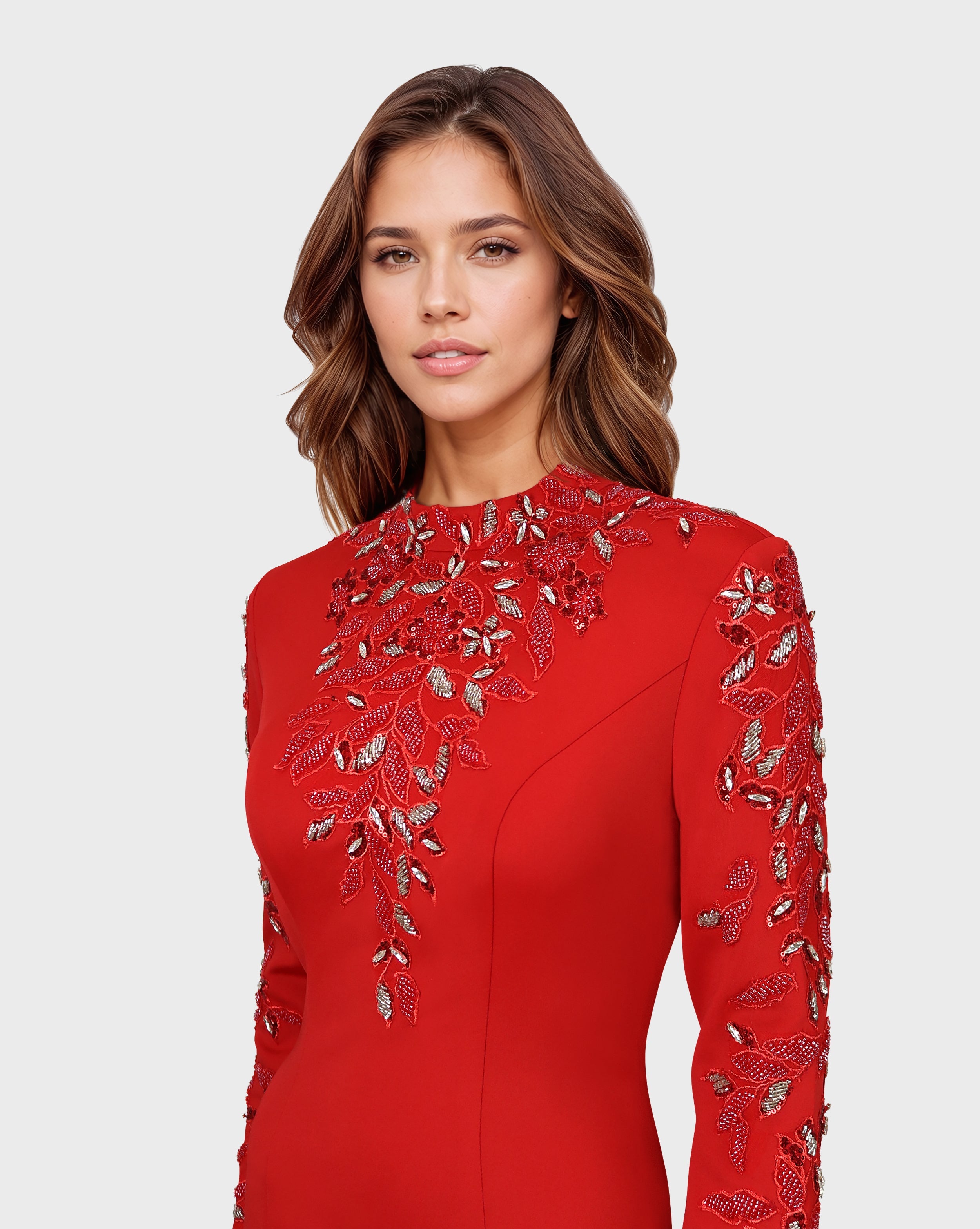 Beaded long-sleeve dress, with side slits and train-Pascoe