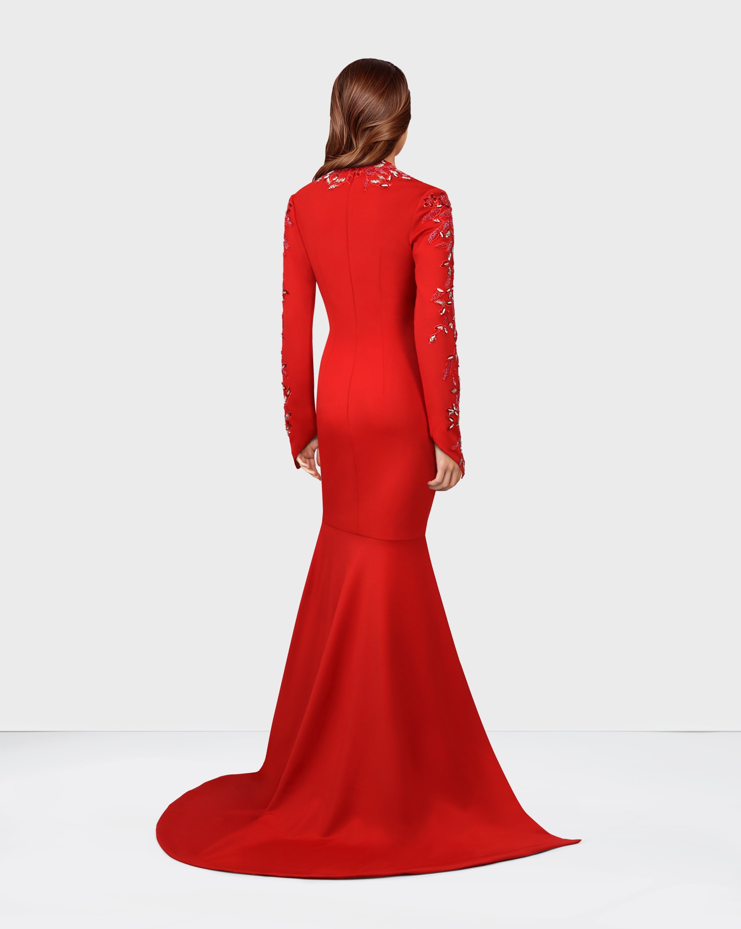 Beaded long-sleeve dress, with side slits and train-Pascoe