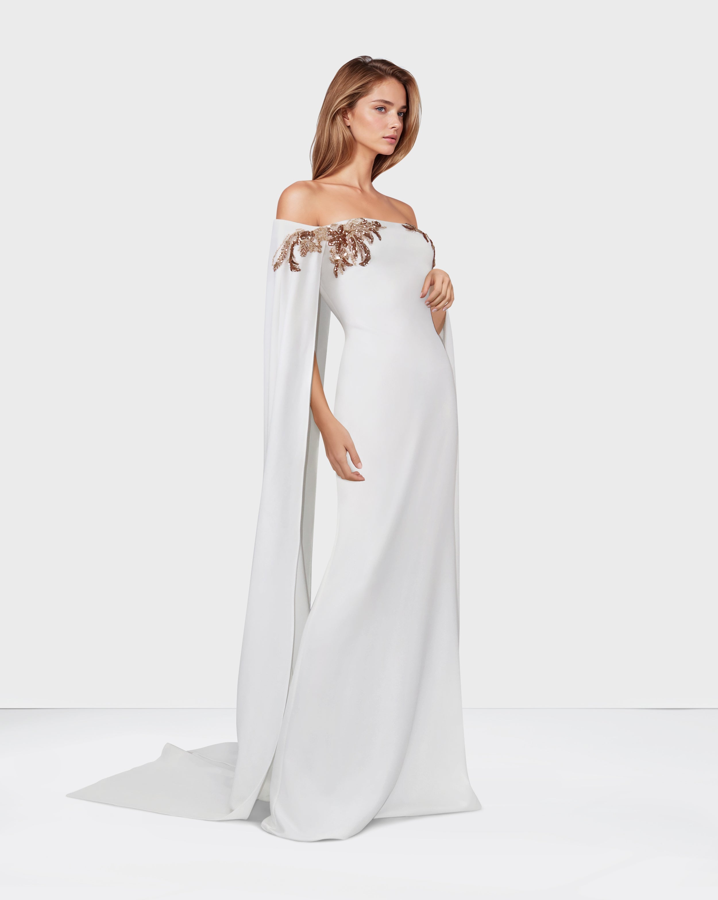 Strapless Sequined dress with maxi cape sleeves