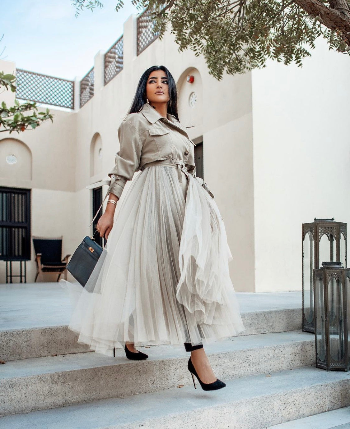 belted trench coat with tulle maxi skirt - Afshgt