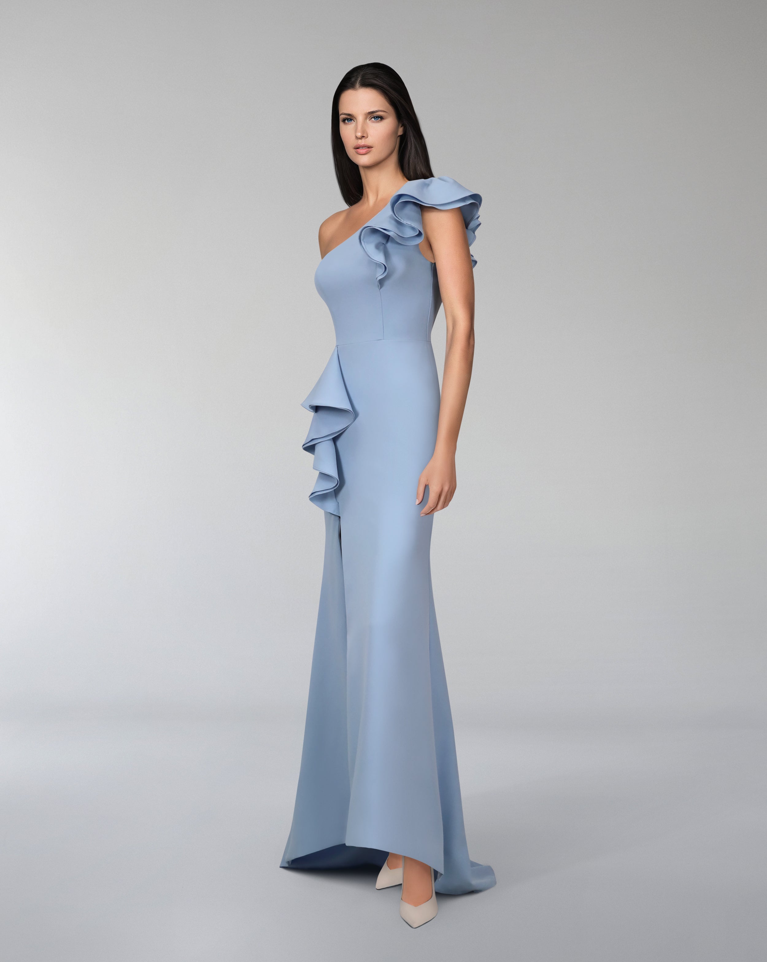 Shoulder off ruffle dress with slit - LOMAL
