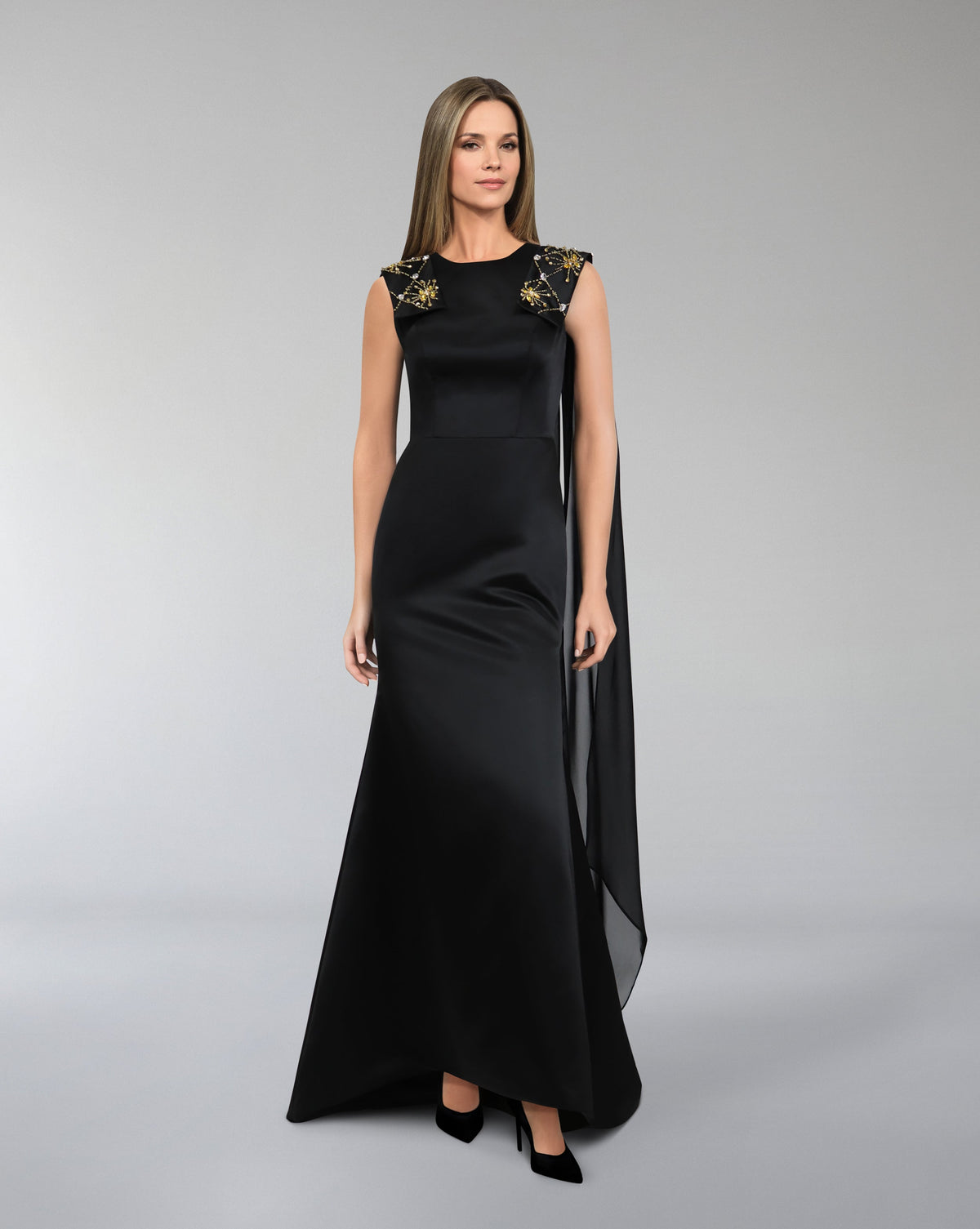Sleeveless dress with beaded shoulder band and capes - LORAAH