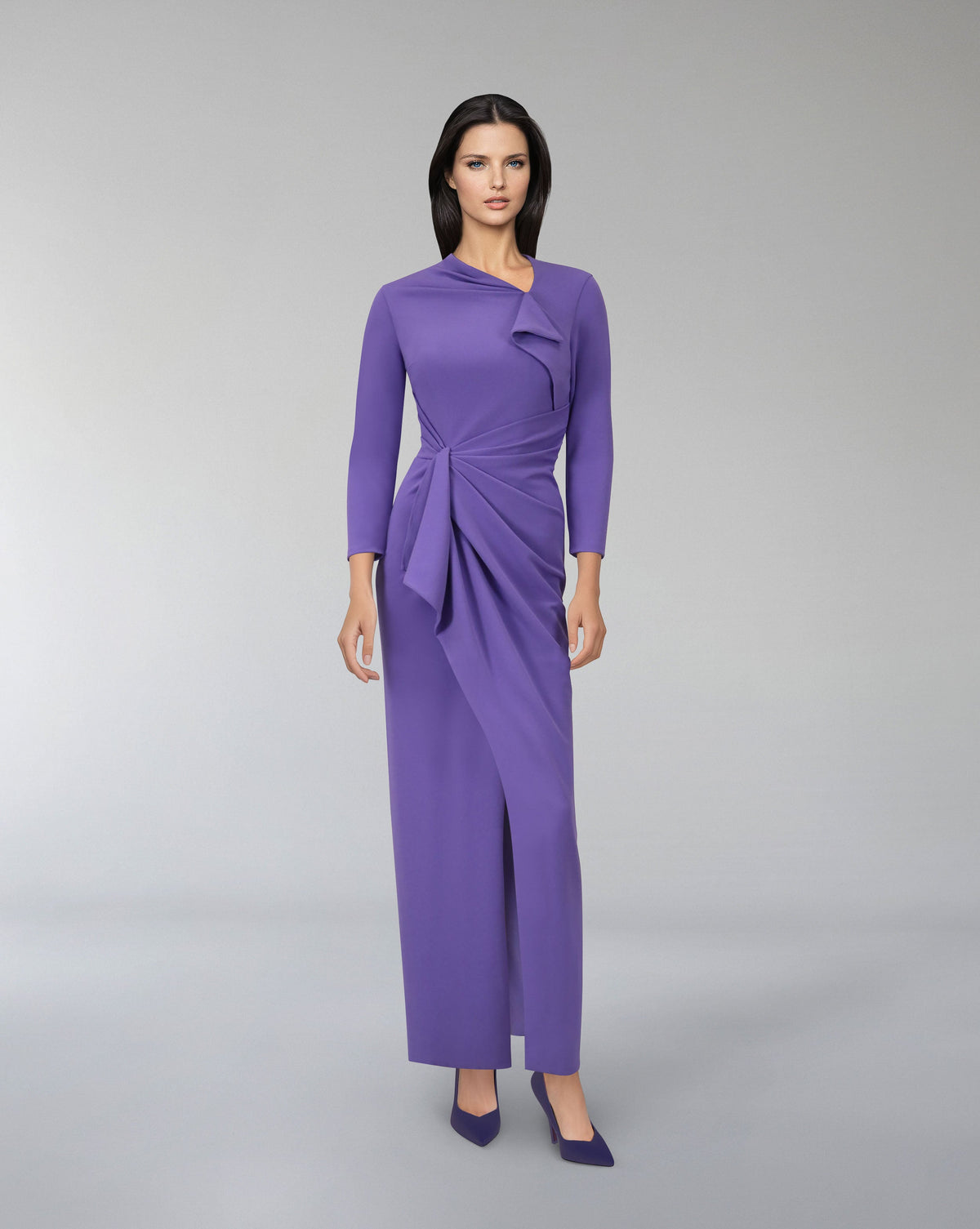 Asymmetrically draped dress with front slit - KEVEY