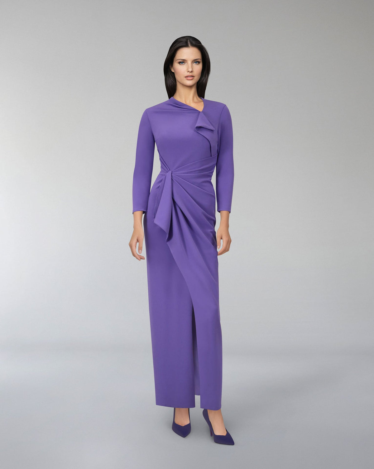 Asymmetrically draped dress with front slit - KEVEY