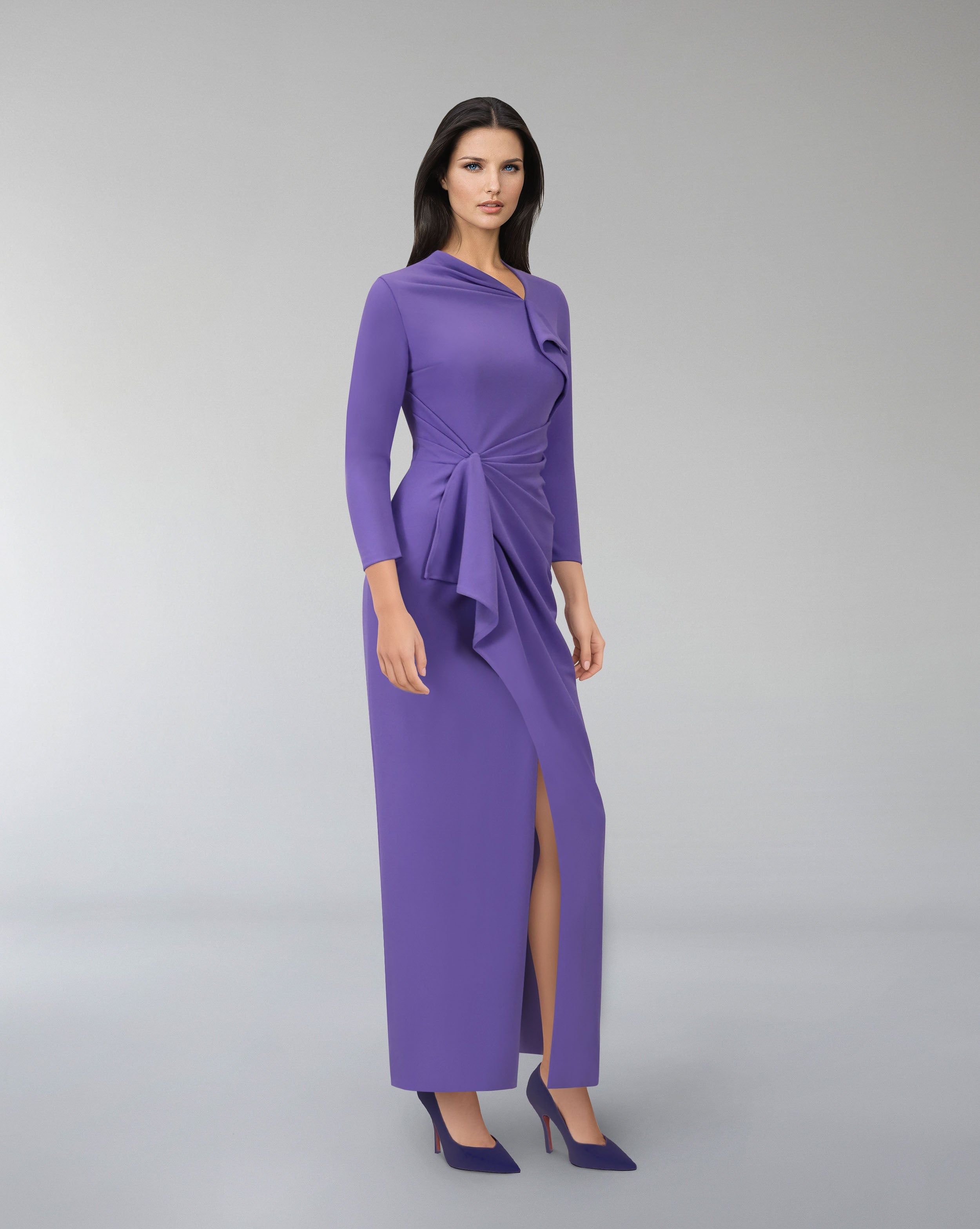 Asymmetrically draped dress with front slit - KEVEY