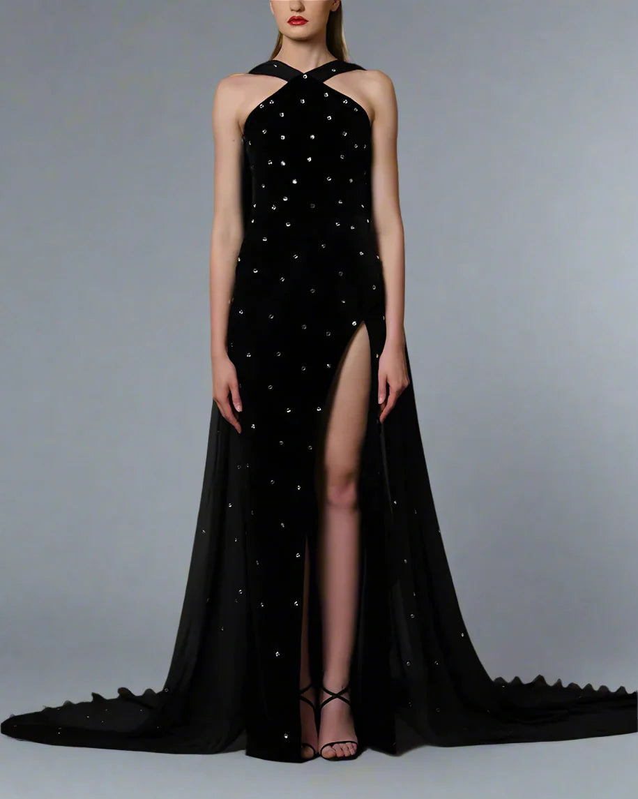 Black velvet embroidered dress with chiffon train - Bony
