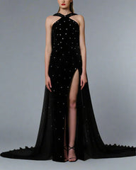 Black velvet embroidered dress with chiffon train - Bony