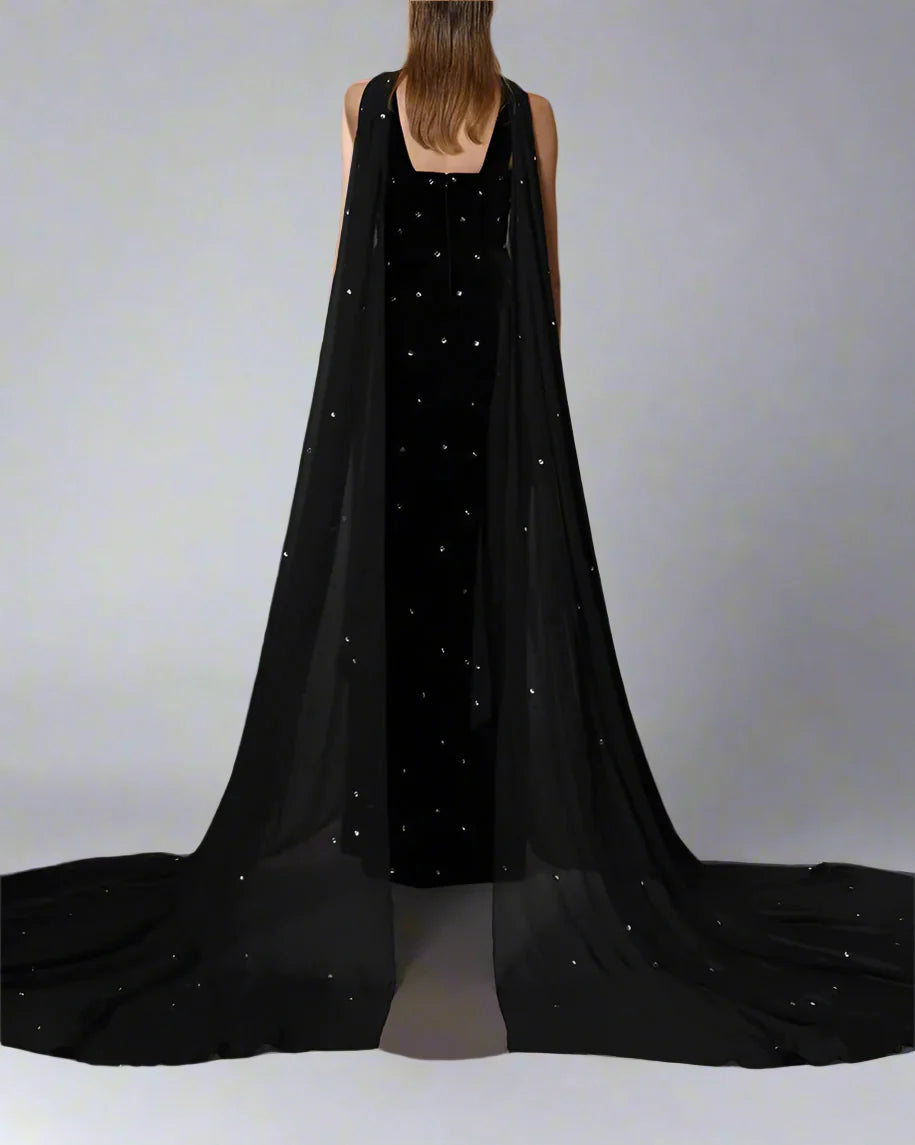 Black velvet embroidered dress with chiffon train - Bony