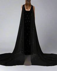 Black velvet embroidered dress with chiffon train - Bony