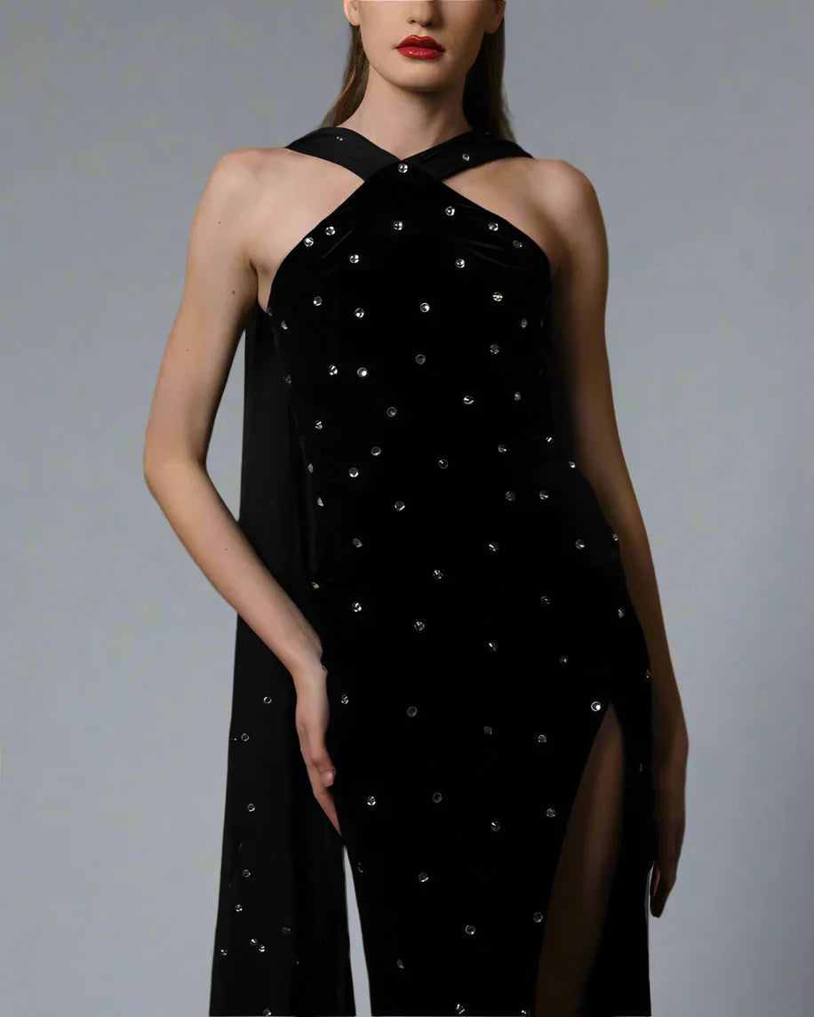 Black velvet embroidered dress with chiffon train - Bony