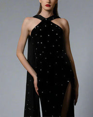 Black velvet embroidered dress with chiffon train - Bony