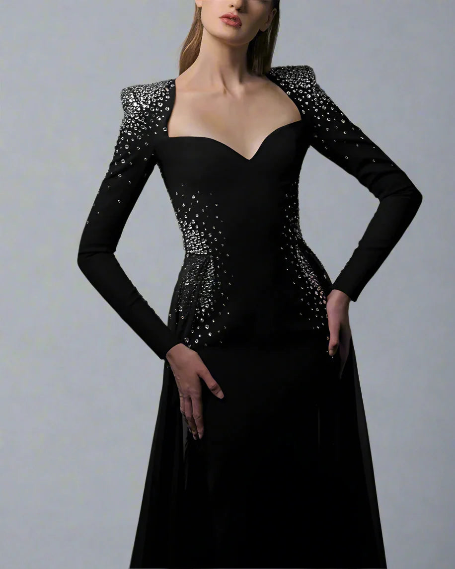 Black Embroidered Dress with Skirt - Lena