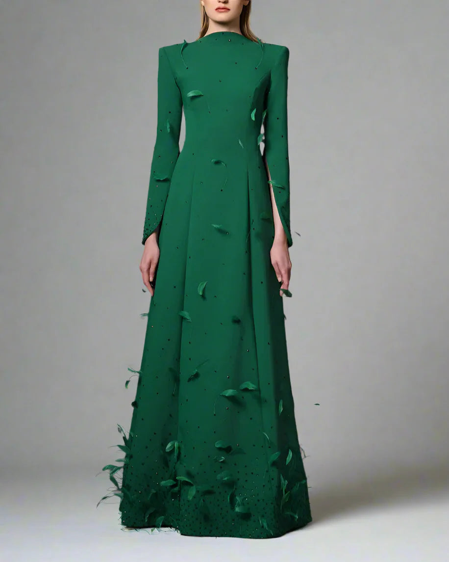 Green dress embroidered with feathers and crystals - Sandra