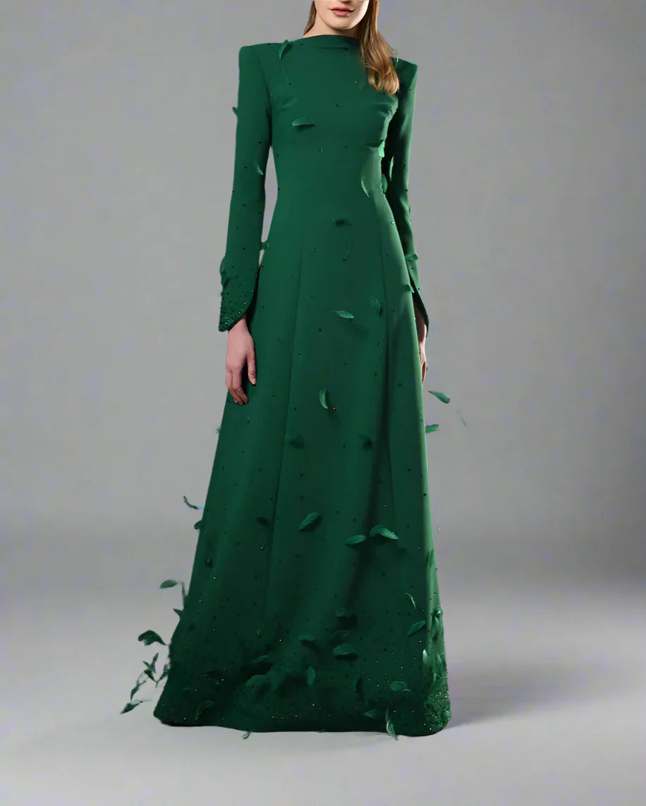 Green dress embroidered with feathers and crystals - Sandra