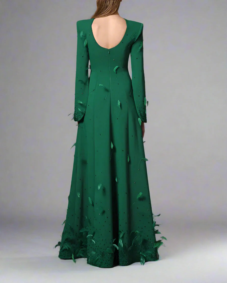 Green dress embroidered with feathers and crystals - Sandra