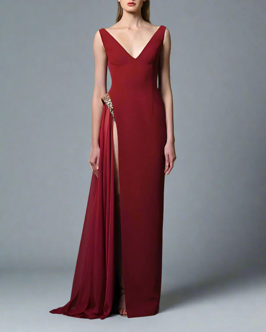 Burgundy Dress with Slit Embroidery - Virginia