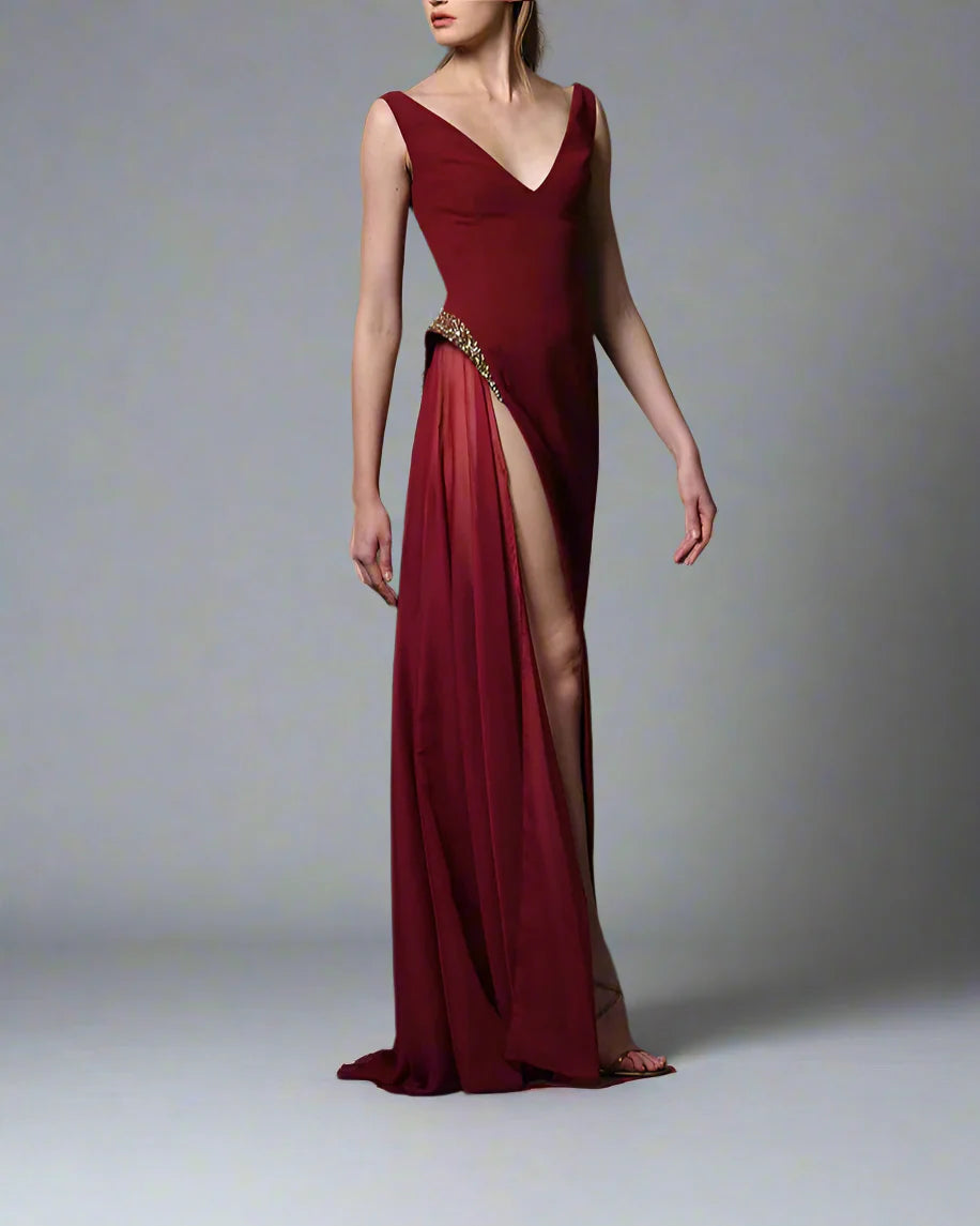Burgundy Dress with Slit Embroidery - Virginia
