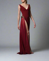 Burgundy Dress with Slit Embroidery - Virginia