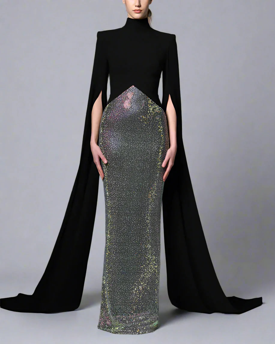 Black crepe dress with cape sleeves - Vera