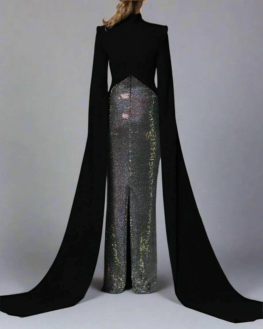 Black crepe dress with cape sleeves - Vera