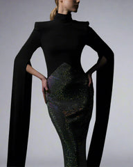 Black crepe dress with cape sleeves - Vera