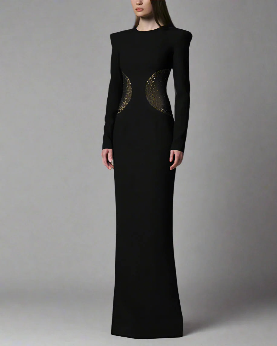 Black crepe dress featuring crystal-embellished tulle slits - Neta