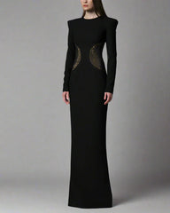 Black crepe dress featuring crystal-embellished tulle slits - Neta