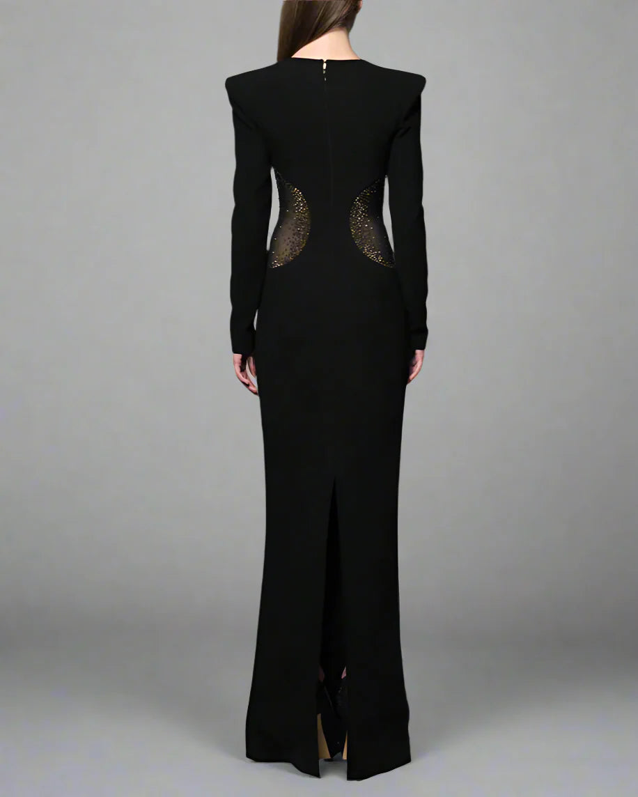 Black crepe dress featuring crystal-embellished tulle slits - Neta