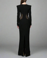 Black crepe dress featuring crystal-embellished tulle slits - Neta