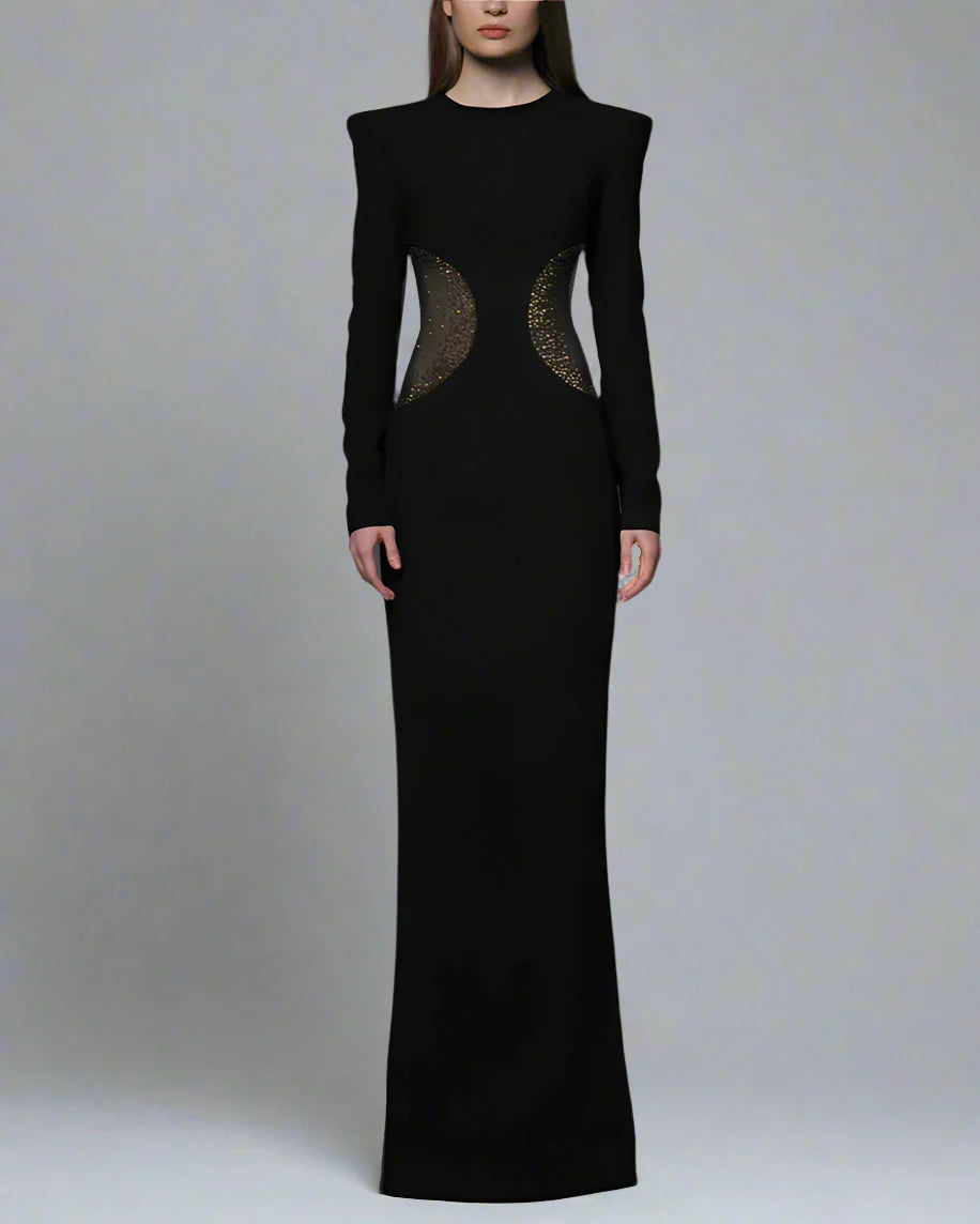 Black crepe dress featuring crystal-embellished tulle slits - Neta