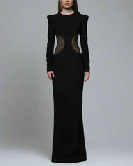 Black crepe dress featuring crystal-embellished tulle slits - Neta