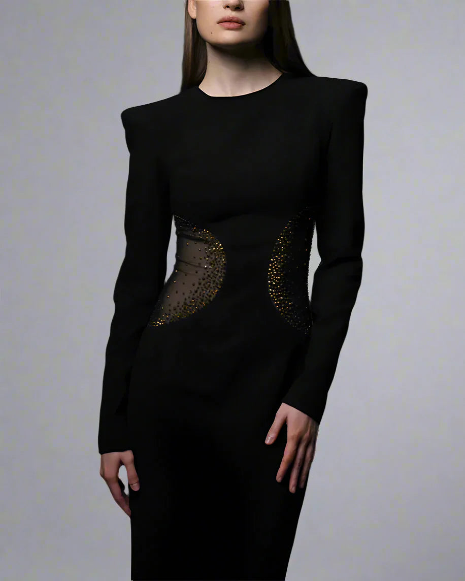 Black crepe dress featuring crystal-embellished tulle slits - Neta