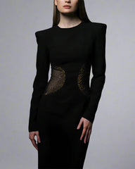 Black crepe dress featuring crystal-embellished tulle slits - Neta