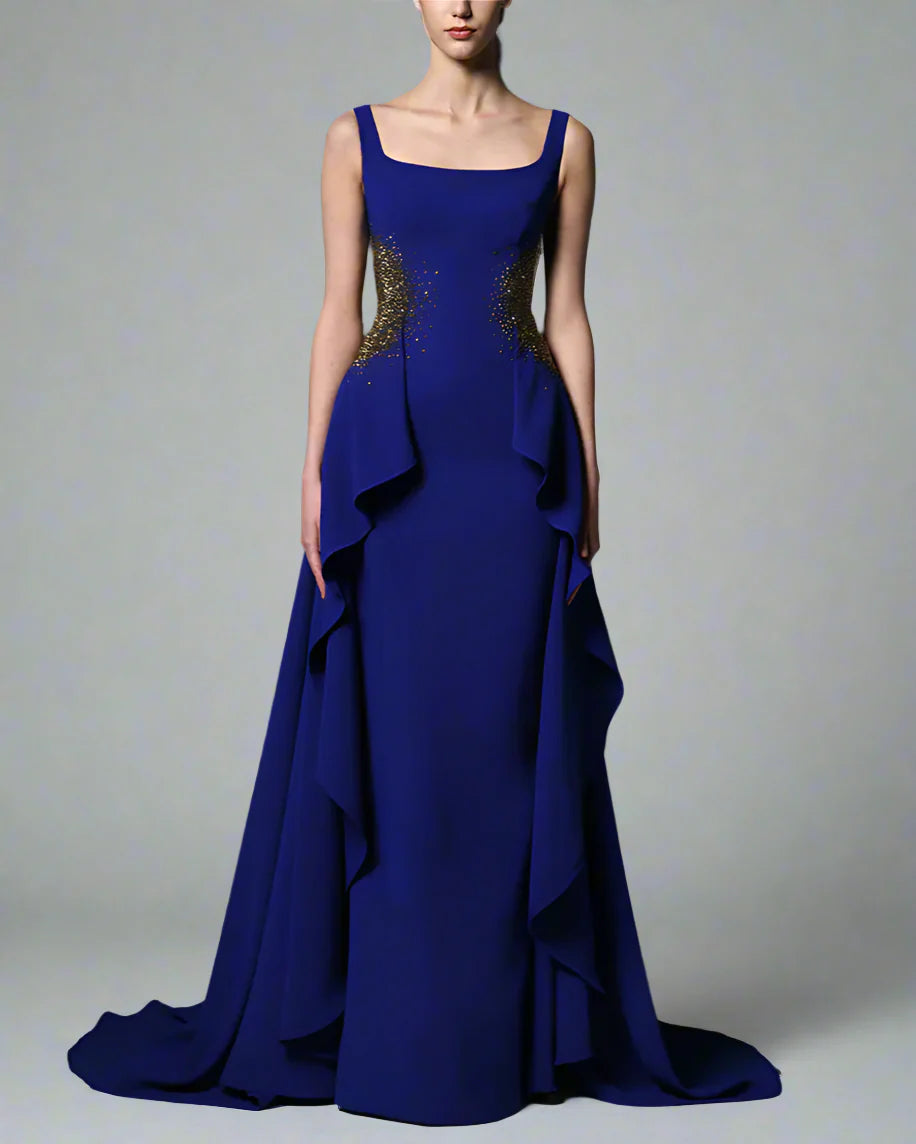 Dark blue crepe dress with embroidered waist - Sally