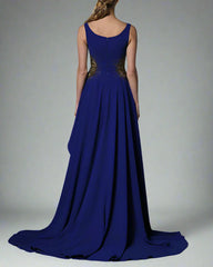 Dark blue crepe dress with embroidered waist - Sally