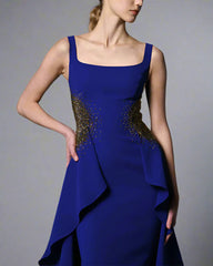 Dark blue crepe dress with embroidered waist - Sally
