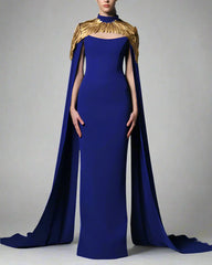 Dark blue crepe dress with gold feathers - Sandy