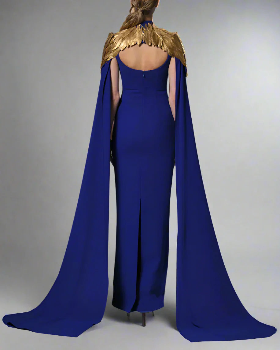 Dark blue crepe dress with gold feathers - Sandy