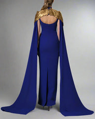 Dark blue crepe dress with gold feathers - Sandy