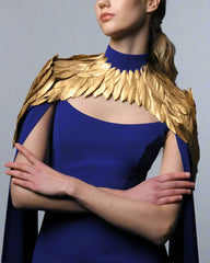 Dark blue crepe dress with gold feathers - Sandy