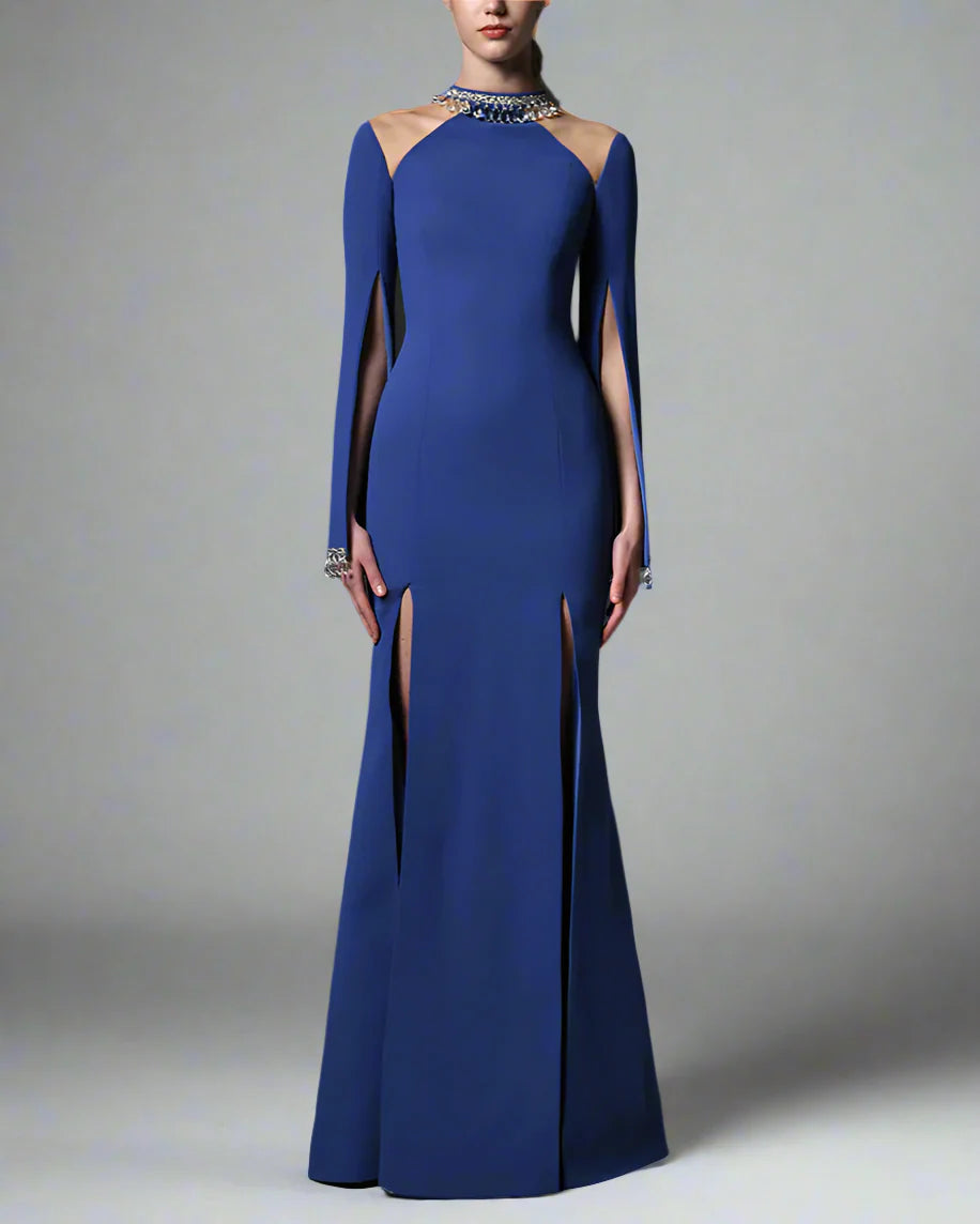 Dark Blue Crepe Dress with Crystals - Arda