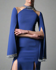 Dark Blue Crepe Dress with Crystals - Arda